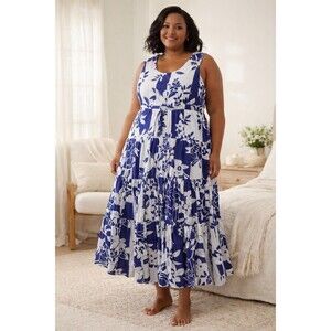 Women's 1X Maxi Dress Vasna, 100% Cotton Tiered Blue White Floral Lined Boho